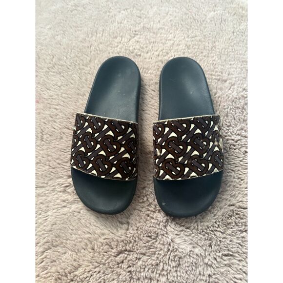 Burberry Size 42 Furley Tb Flock Leather Pool Slides In Bridle Brown - Picture 1 of 14